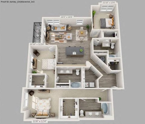 Floor plan for 3 beds, 3 baths, 1644 sqft
