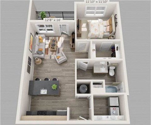 Floor plan for 1 bed, 1 bath, 722 sqft