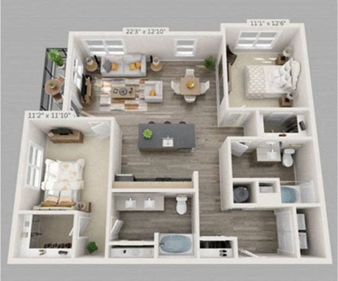Floor plan for 2 beds, 2 baths, 1157 sqft