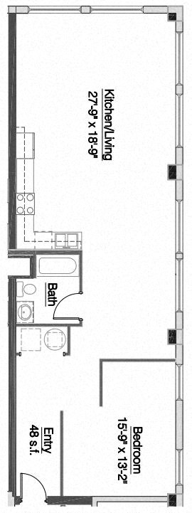 Floor plan for 1 bed, 1 bath, 1037 sqft