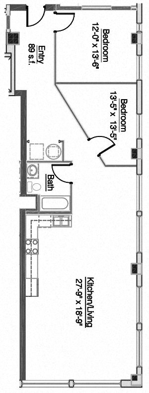 Floor plan for 2 beds, 1 bath, 1155 sqft