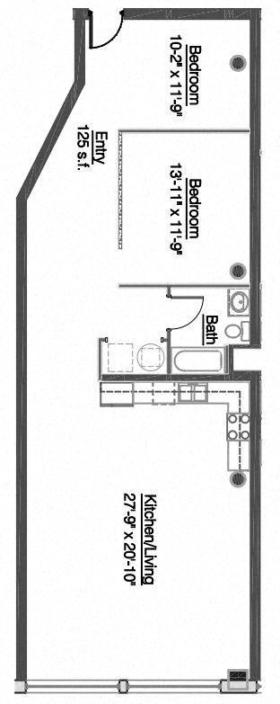 Floor plan for 2 beds, 1 bath, 1199 sqft