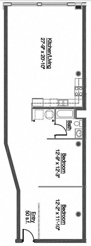 Floor plan for 2 beds, 1 bath, 1259 sqft