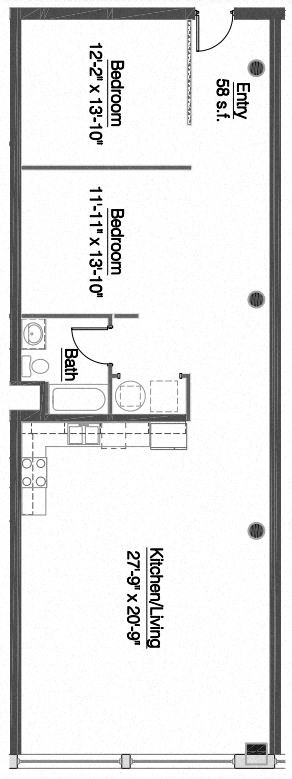 Floor plan for 2 beds, 1 bath, 1268 sqft