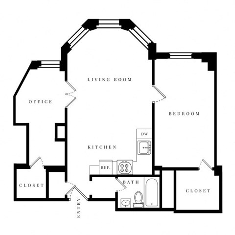 Floor plan for 2 beds, 1 bath, 734 sqft