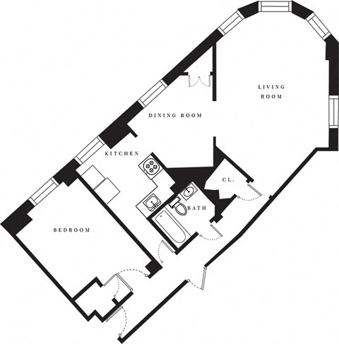 Floor plan for 1 bed, 1 bath, 770 sqft
