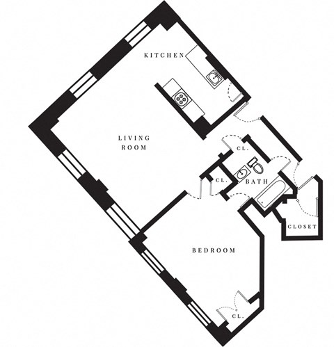 Floor plan for 1 bed, 1 bath, 797 sqft