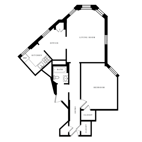 Floor plan for 1 bed, 1 bath, 913 sqft