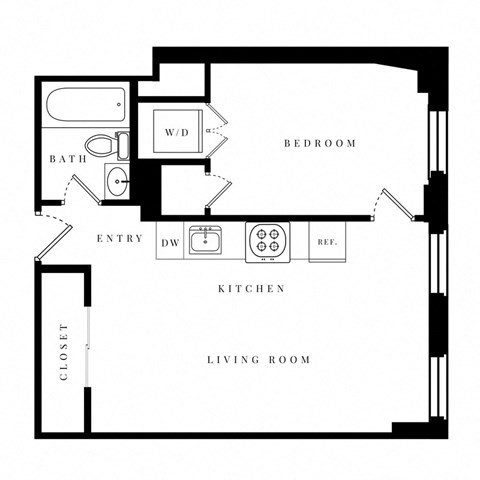 Floor plan for 1 bed, 1 bath, 439 sqft