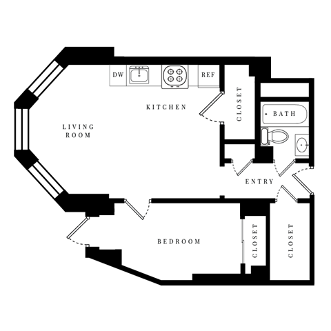 Floor plan for 1 bed, 1 bath, 485 sqft
