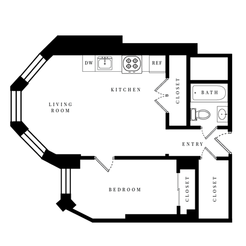 Floor plan for 1 bed, 1 bath, 492 sqft