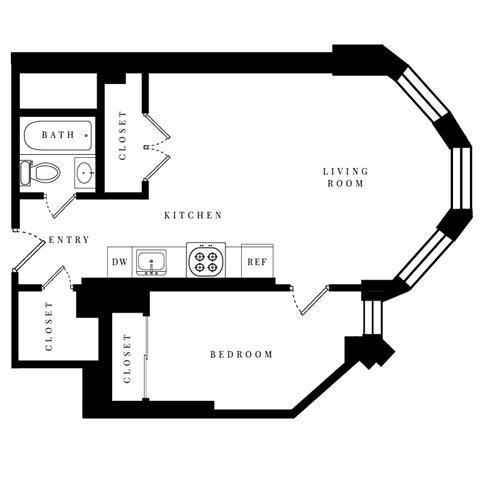 Floor plan for 1 bed, 1 bath, 508 sqft