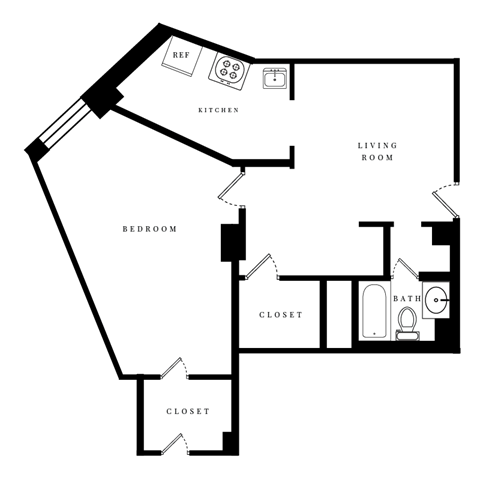 Floor plan for 1 bed, 1 bath, 595 sqft