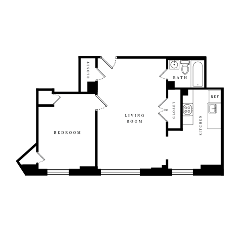Floor plan for 1 bed, 1 bath, 658 sqft