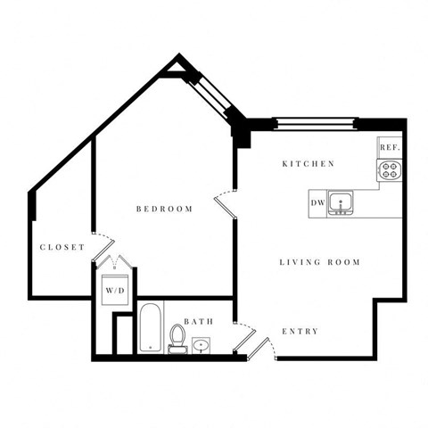 Floor plan for 1 bed, 1 bath, 650 sqft