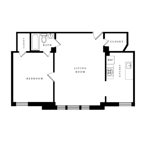 Floor plan for 1 bed, 1 bath, 676 sqft