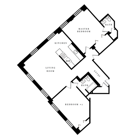 Floor plan for 2 beds, 2 baths, 1225 sqft