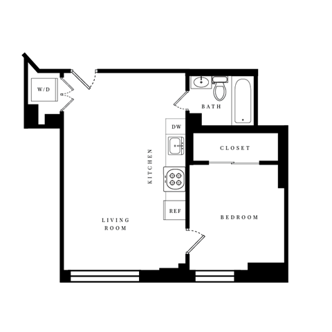 Floor plan for 1 bed, 1 bath, 483 sqft