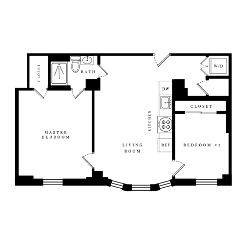 Floor plan for 2 beds, 1 bath, 667 sqft