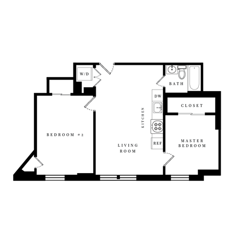 Floor plan for 2 beds, 1 bath, 670 sqft