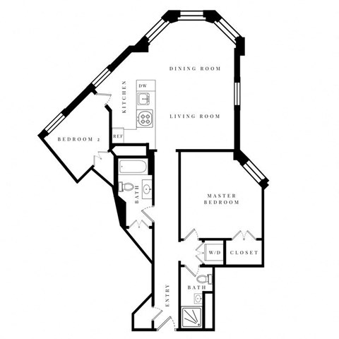 Floor plan for 2 beds, 2 baths, 913 sqft