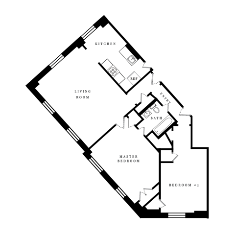 Floor plan for 2 beds, 1 bath, 986 sqft
