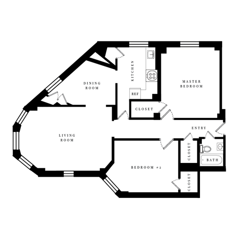 Floor plan for 2 beds, 1 bath, 1066 sqft