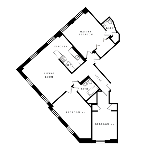 Floor plan for 3 beds, 2 baths, 1325 sqft