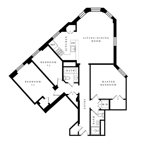 Floor plan for 3 beds, 2 baths, 1125 sqft