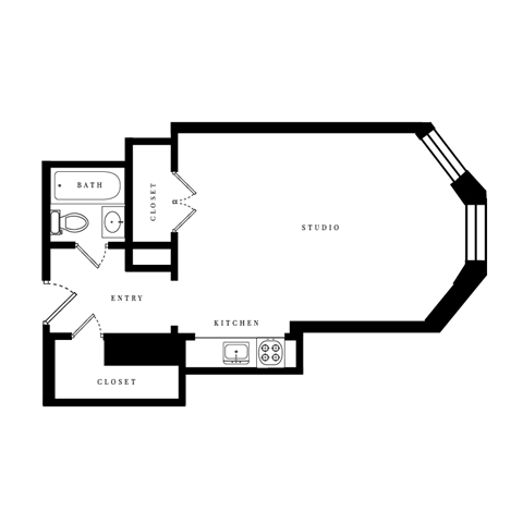 Floor plan for studio, 1 bath, 387 sqft