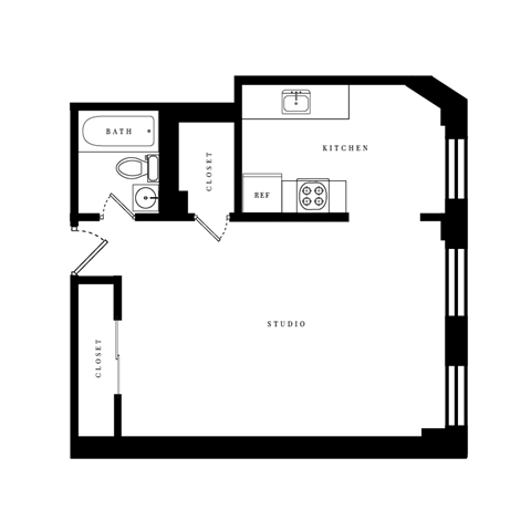Floor plan for studio, 1 bath, 439 sqft