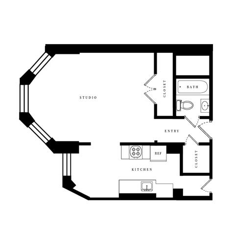 Floor plan for studio, 1 bath, 492 sqft