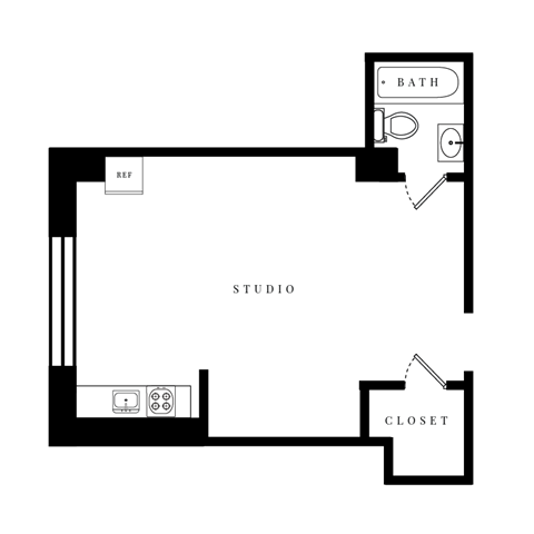 Floor plan for studio, 1 bath, 334 sqft