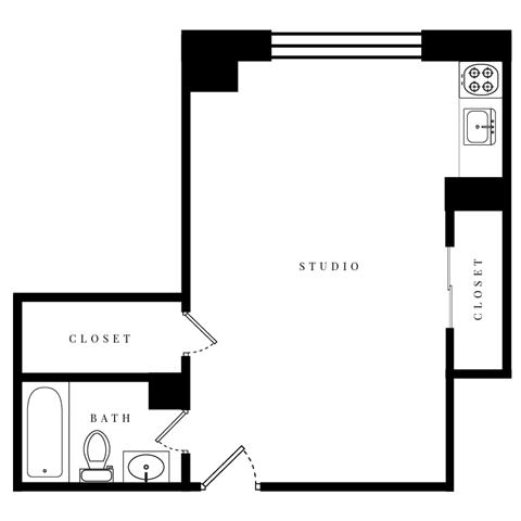 Floor plan for studio, 1 bath, 373 sqft