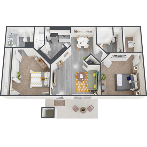 Floor plan for 2 beds, 2 baths, 967 sqft