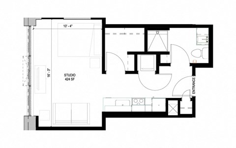 Floor plan for studio, 1 bath, 424 sqft