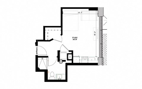 Floor plan for studio, 1 bath, 380 sqft