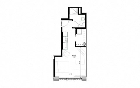 Floor plan for studio, 1 bath, 414 sqft