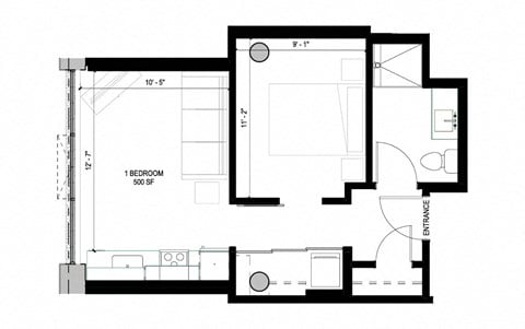 Floor plan for 1 bed, 1 bath, 500 sqft