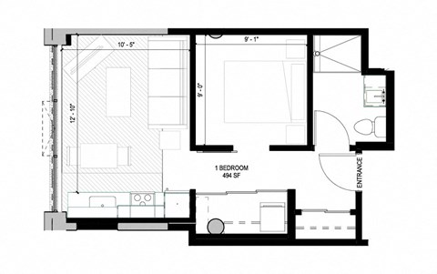 Floor plan for 1 bed, 1 bath, 494 sqft