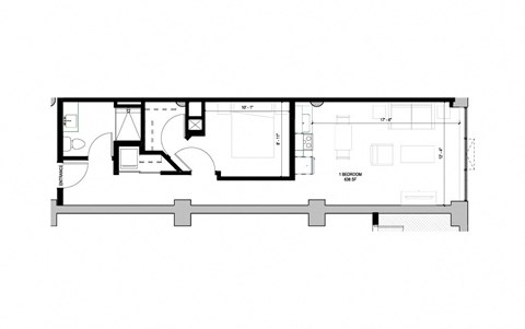 Floor plan for 1 bed, 1 bath, 638 sqft