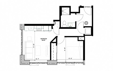 Floor plan for 1 bed, 1 bath, 549 sqft