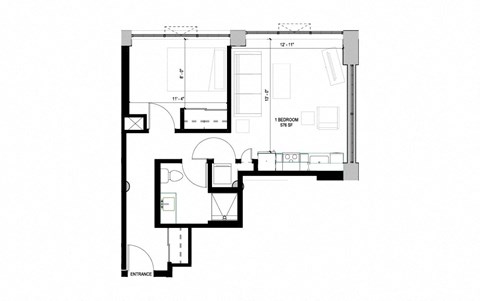 Floor plan for 1 bed, 1 bath, 576 sqft