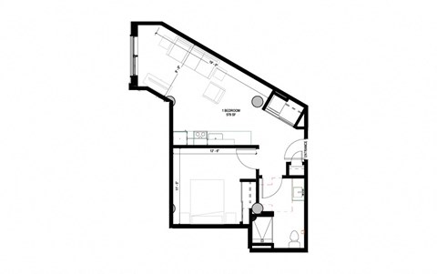 Floor plan for 1 bed, 1 bath, 579 sqft