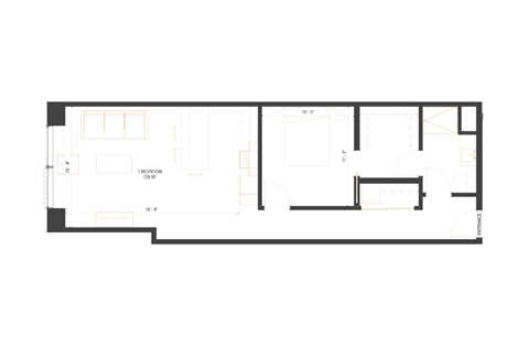 Floor plan for 1 bed, 1 bath, 728 sqft