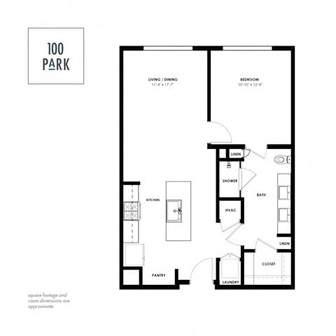 Floor plan for 1 bed, 1 bath, 711 sqft