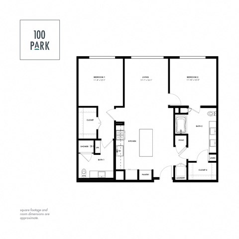 Floor plan for 2 beds, 2 baths, 1157 sqft
