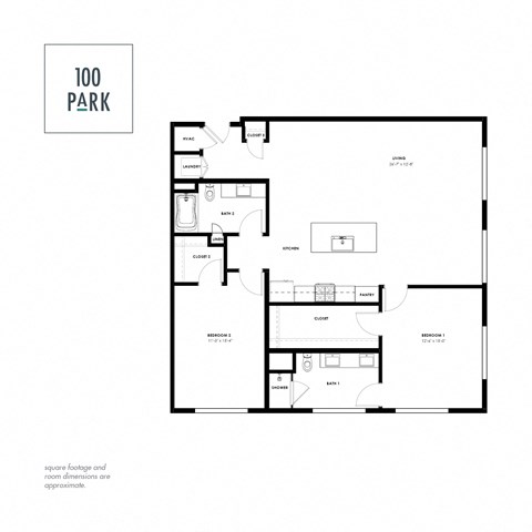 Floor plan for 2 beds, 2 baths, 1376 sqft