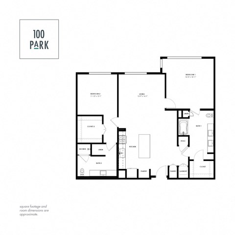 Floor plan for 2 beds, 2 baths, 1338 sqft