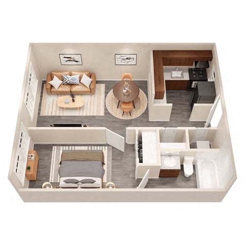Floor plan for 1 bed, 1 bath, 630 sqft